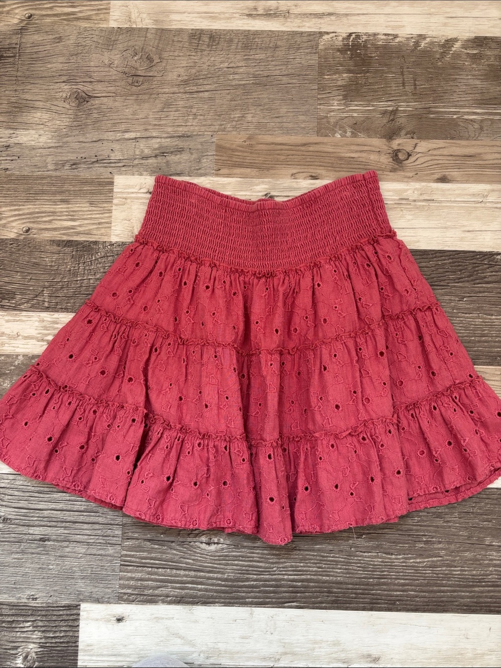 American Eagle Outfitters Coral Eyelet Tiered Smocked Mini Skirt